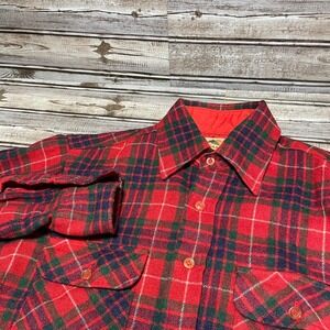 Vintage Camel Red Plaid Wool‎ Flannel Shirt Long Sleeve Button Up Size Medium
